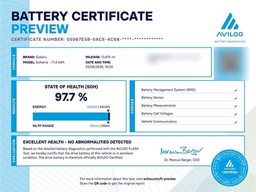 An AVILOO battery health certificate showing a State of Health reading, range figures and a verification QR code
