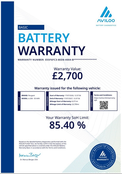 An AVILOO Battery Warranty certificate showing a warranty value of £2,700